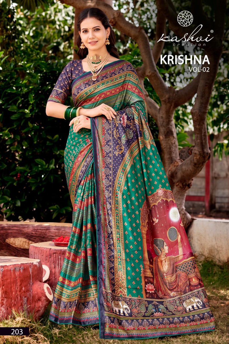 Krishna Vol 2 By Kashvi Chocolate Digital Print Glass Work Saree 